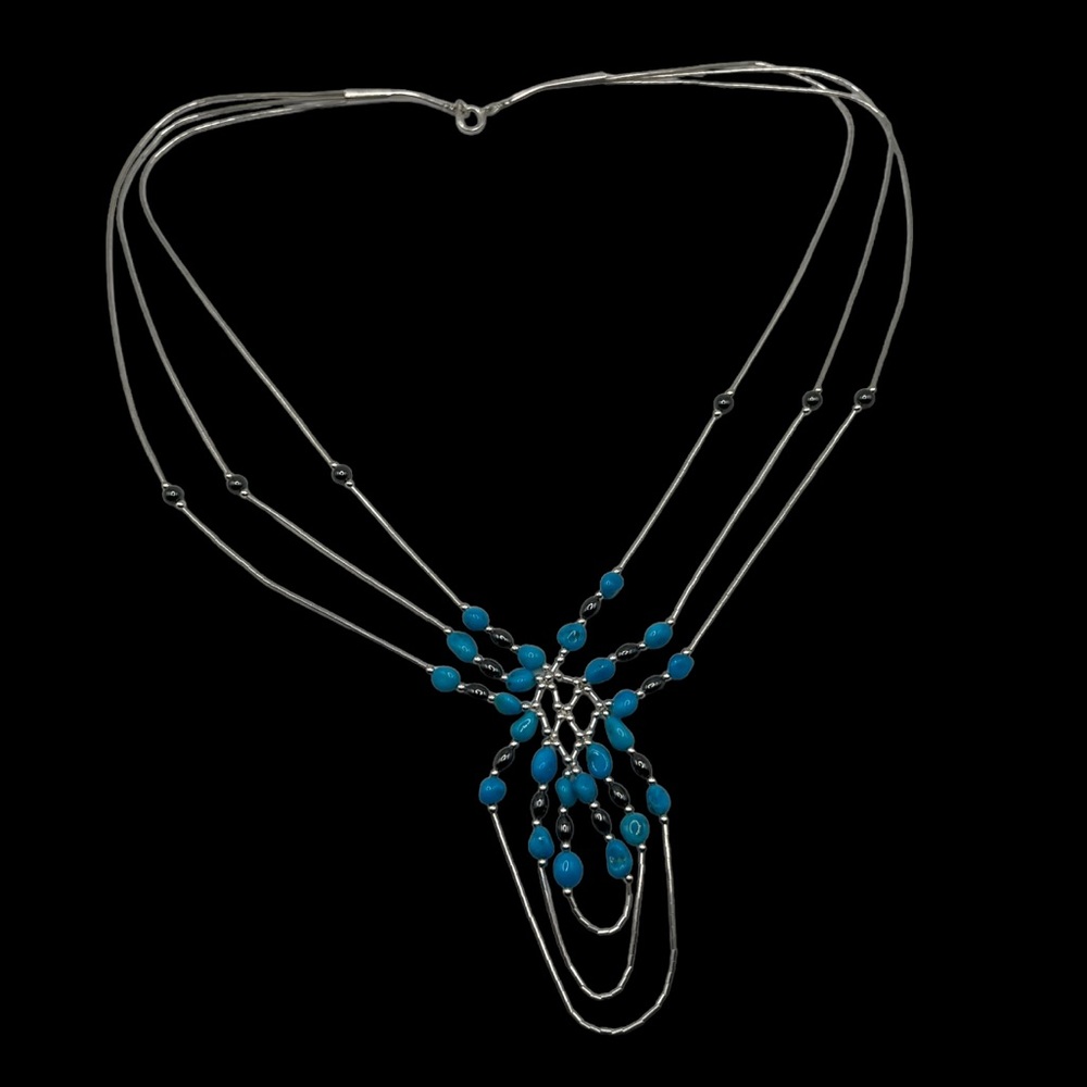Navajo Liquid Sterling Silver Turquoise & Hematite Stone Statement Necklace